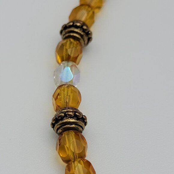 Vintage Gold Tone Clear And Amber Crystal Beaded Necklace 19 Inch Spring Ring - Picture 4 of 6